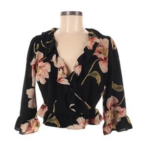 LF Seek The Label Floral Boho Black Ruffled Faux Wrap Crepe Crop Top Size S